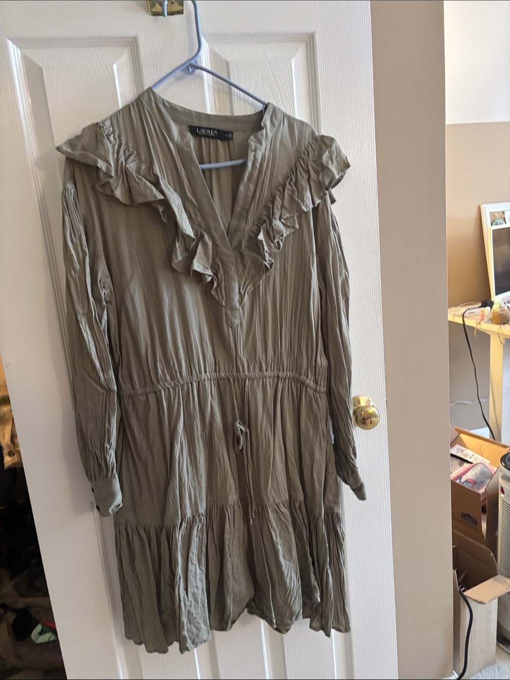 Lauren Ralph Lauren Olive Ruffle V-Neck Tiered Long Sleeve Dress